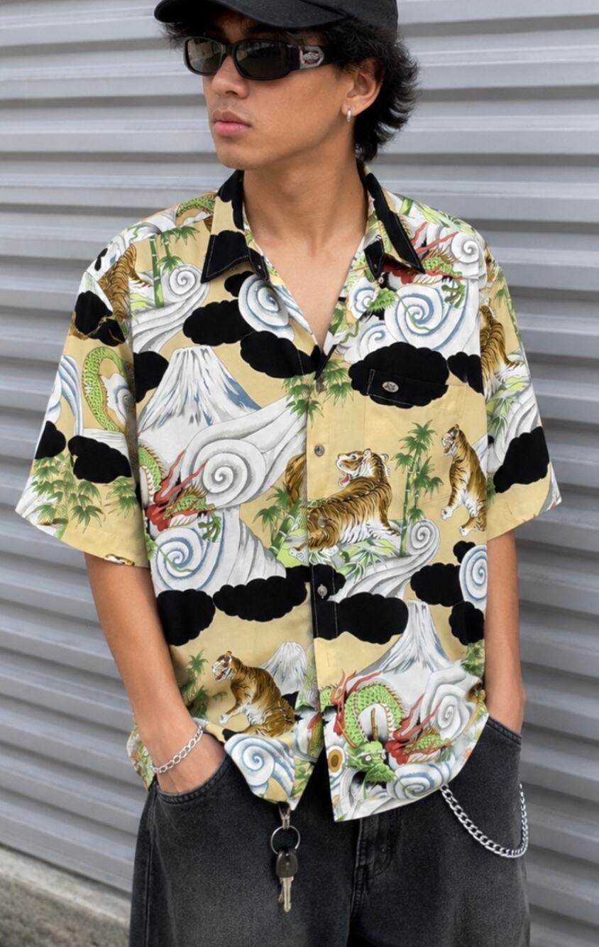 Vintage Phat Farm Japanese Dragon Tiger Hawaiian Shirt Y2K Harajuku anime L